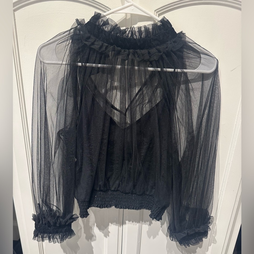 Alice + Olivia Black Sheer Ruffle Blouse